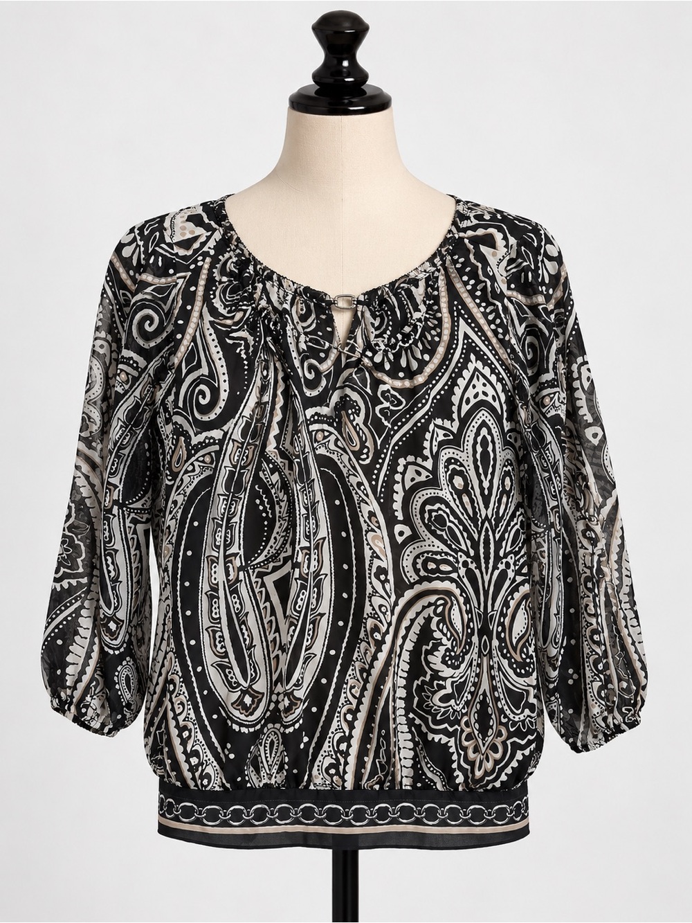 White House Black Market Black Paisley Peasant Blouse with Cream Accents 12